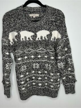 LOFT Polar Bear Fair Isle Sweater Women’s Small Gray White Fringe Knit Cozy